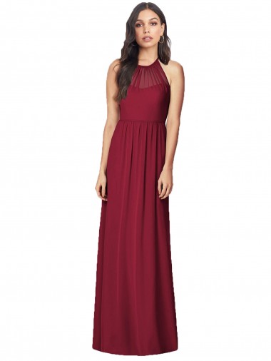 Chiffon Cabeçada Sem Mangas Comprimento Chão Borgonha Trombeta Vestidos de Madrinha Baratos