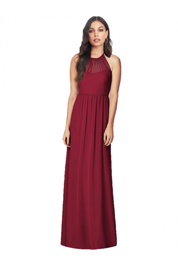Chiffon Cabeçada Sem Mangas Comprimento Chão Borgonha Trombeta Vestidos de Madrinha Baratos