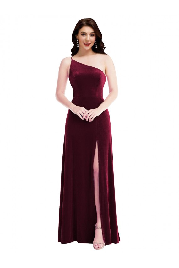 Veludo Elástico Um Ombro Sem Mangas Comprimento Chão Longo Trombeta Vestidos de Madrinha / Vestidos de Festa Baratos