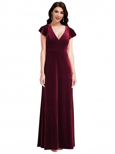 Veludo Elástico Decote V Mangas Esvoaçantes Comprimento Chão Vestidos de Madrinha / Vestidos de Festa Baratos