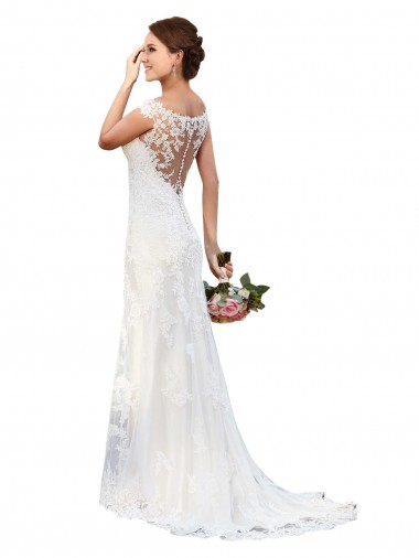 Renda Barco Sem Mangas Comboio Capela Bainha Vestidos de Noiva Baratos