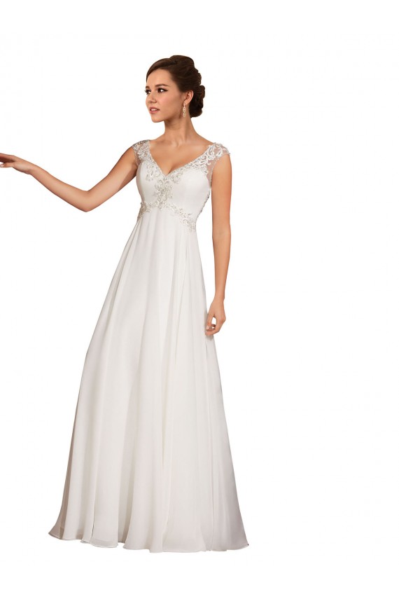 Chiffon & Renda Decote V Mangas Curtas Comboio Capela Vestidos de Noiva Baratos