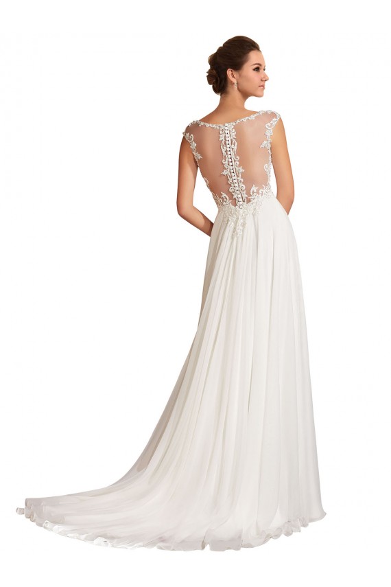 Chiffon & Renda Decote V Mangas Curtas Comboio Capela Vestidos de Noiva Baratos
