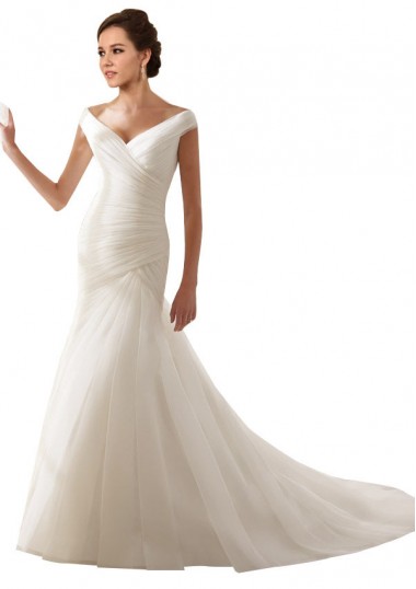 Tule Fora do Ombro Sem Mangas Comboio Capela Bainha Vestidos de Noiva Baratos