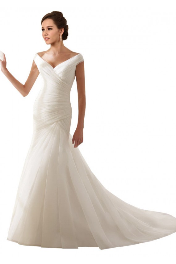 Tule Fora do Ombro Sem Mangas Comboio Capela Bainha Vestidos de Noiva Baratos
