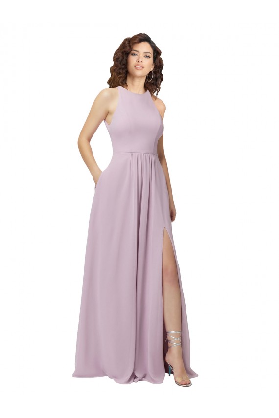 Chiffon Cabeçada Sem Mangas Buraco da fechadura Comprimento Chão Linha A Vestido de Madrinha Baratos