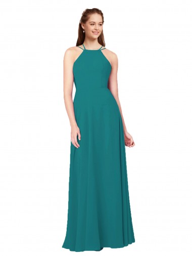 Chiffon Decote Alto Sem Mangas Criss Cruz Comprimento Chão Vestidos de Madrinha Baratos