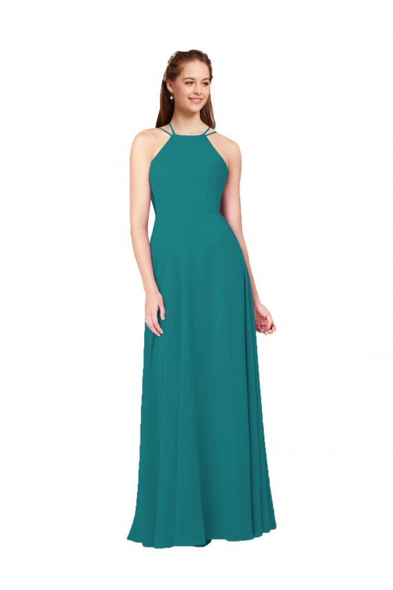 Chiffon Decote Alto Sem Mangas Criss Cruz Comprimento Chão Vestidos de Madrinha Baratos