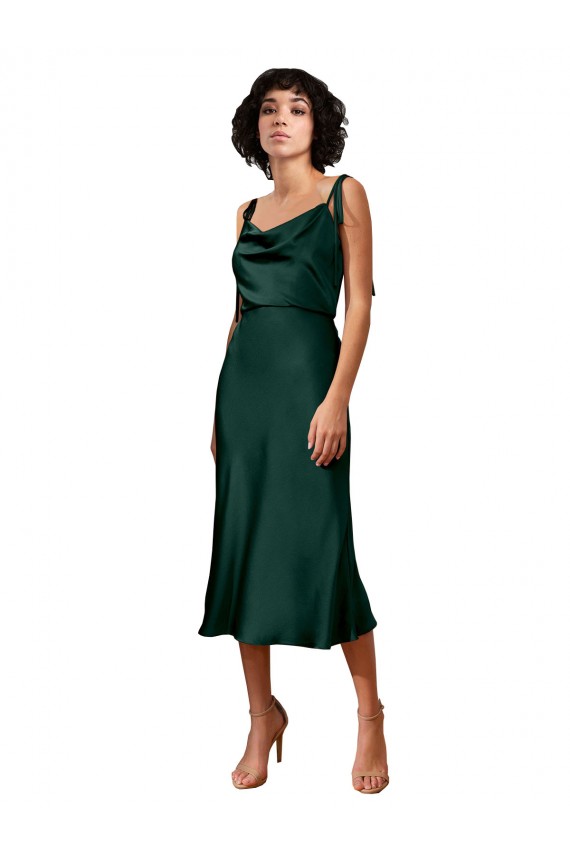 Cetim Elástico Decote Capuz Sem Mangas Comprimento Midi Vestidos de Madrinha / Vestidos de Noite / Vestidos de Festa Baratos