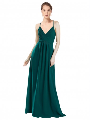 Chiffon Decote V Sem Mangas Buraco da fechadura Comprimento Chão Caçador Verde Linha A Vestidos de Madrinha Baratos
