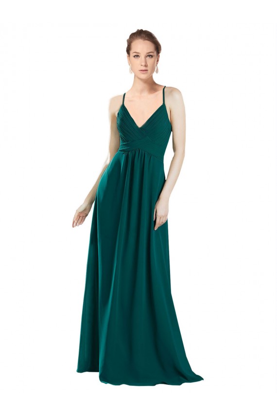 Chiffon Decote V Sem Mangas Buraco da fechadura Comprimento Chão Caçador Verde Linha A Vestidos de Madrinha Baratos