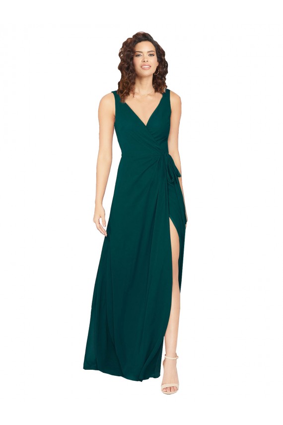 Chiffon Decote V Sem Mangas Costas em V Comprimento Chão Longo Linha A Vestidos de Madrinha Baratos
