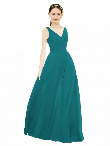 Chiffon Decote V Sem Mangas Comprimento Chão Caçador Verde Linha A Vestidos de Madrinha Baratos