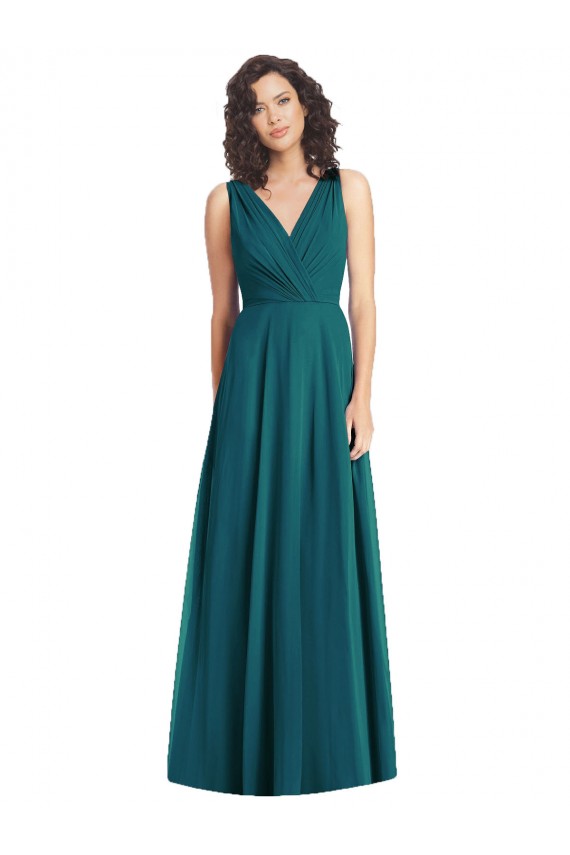 Chiffon Decote V Sem Mangas Costas em V Comprimento Chão Vestidos de Festa Baratos