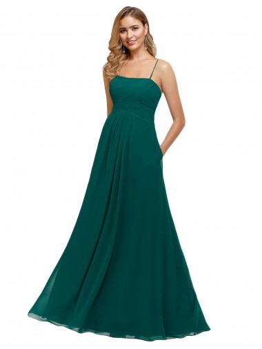 Chiffon Alças finas Sem Mangas Lombar Comprimento Chão Linha A Caçador Verde Vestidos de Madrinha Baratos