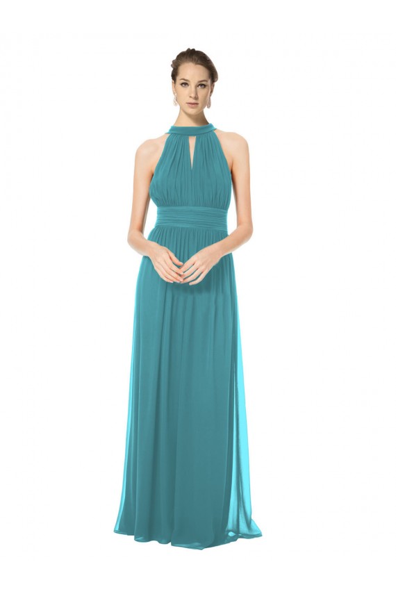 Chiffon Cabeçada Sem Mangas Buraco da fechadura Comprimento Chão Caçador Verde Linha A Vestidos de Madrinha Baratos
