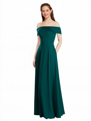 Chiffon Fora do Ombro Mangas Curtas Comprimento Chão Caçador Verde Linha A Vestidos de Madrinha Baratos