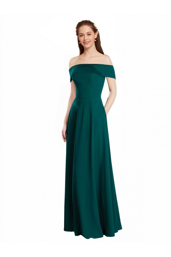 Chiffon Fora do Ombro Mangas Curtas Comprimento Chão Caçador Verde Linha A Vestidos de Madrinha Baratos