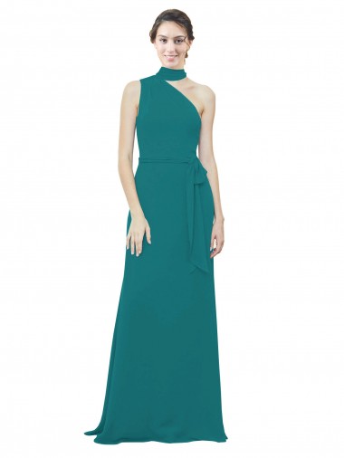 Chiffon Um Ombro Sem Mangas Comprimento Chão Caçador Verde Linha A Vestidos de Madrinha Baratos