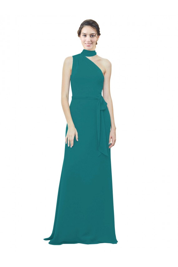 Chiffon Um Ombro Sem Mangas Comprimento Chão Caçador Verde Linha A Vestidos de Madrinha Baratos