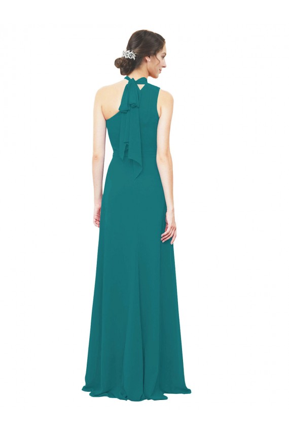 Chiffon Um Ombro Sem Mangas Comprimento Chão Caçador Verde Linha A Vestidos de Madrinha Baratos