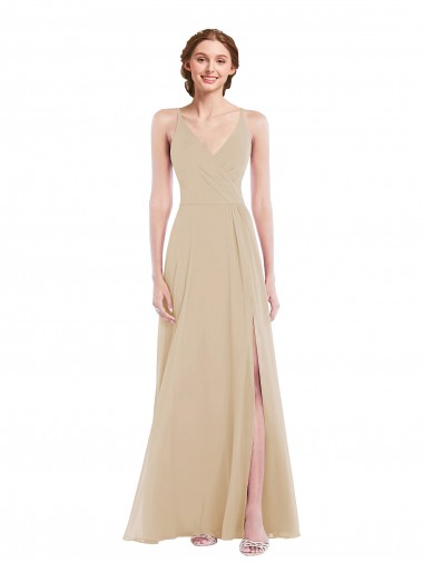 Chiffon Decote V Sem Mangas Criss Cruz Comprimento Chão Champanhe Longo Vestidos de Madrinha Baratos