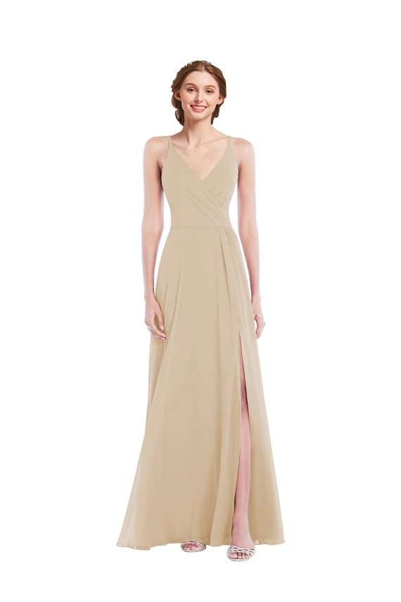 Chiffon Decote V Sem Mangas Criss Cruz Comprimento Chão Champanhe Longo Vestidos de Madrinha Baratos