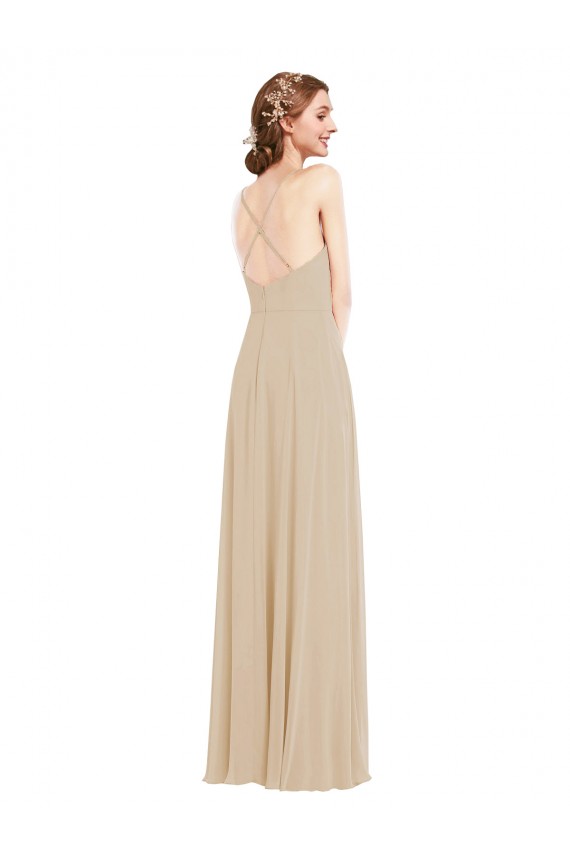 Chiffon Decote V Sem Mangas Criss Cruz Comprimento Chão Champanhe Longo Vestidos de Madrinha Baratos