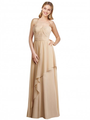 Chiffon Alças finas Sem Mangas Criss Cruz Comprimento Chão Linha A Champanhe Vestidos de Madrinha Baratos