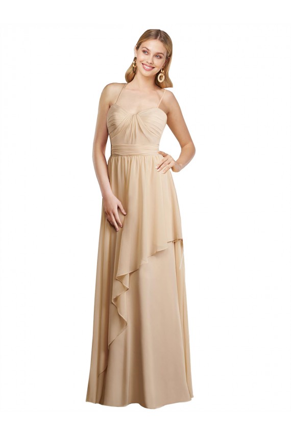 Chiffon Alças finas Sem Mangas Criss Cruz Comprimento Chão Linha A Champanhe Vestidos de Madrinha Baratos