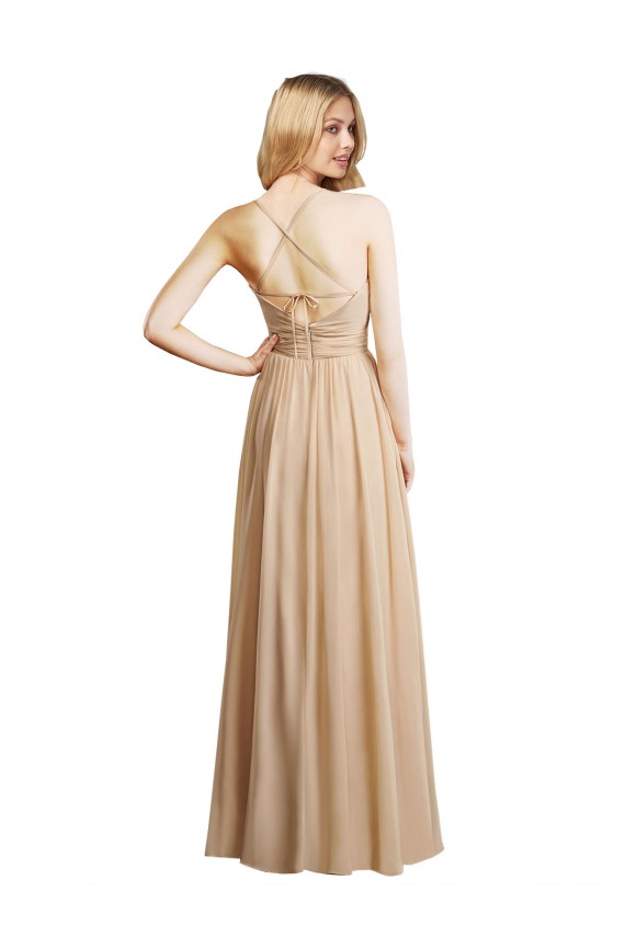 Chiffon Alças finas Sem Mangas Criss Cruz Comprimento Chão Linha A Champanhe Vestidos de Madrinha Baratos