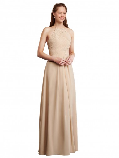 Chiffon Cabeçada Sem Mangas Lombar Comprimento Chão Linha A Champanhe Vestidos de Madrinha Baratos