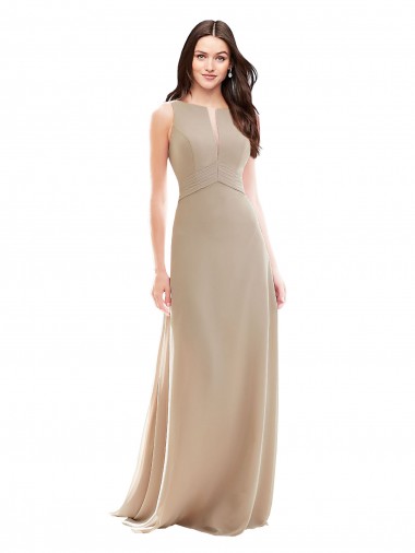 Chiffon Decote Alto Sem Mangas Comprimento Chão Champanhe Vestidos de Madrinha Baratos