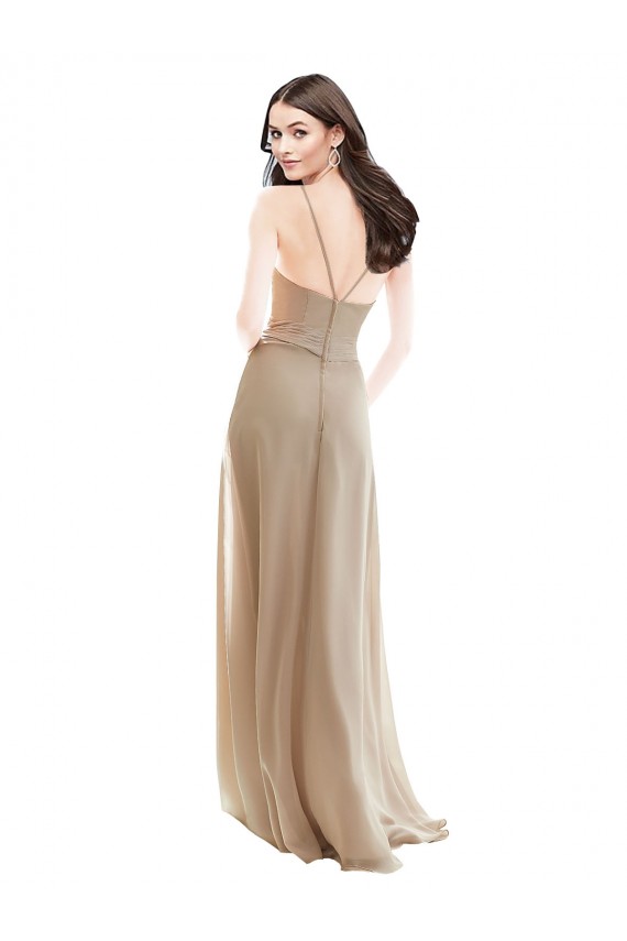 Chiffon Decote Alto Sem Mangas Comprimento Chão Champanhe Vestidos de Madrinha Baratos