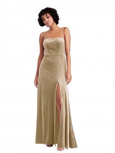 Veludo Elástico Decote Quadrado Sem Mangas Lombar Comprimento Chão Linha A Vestidos de Madrinha / Vestidos de Noite / Vestidos de Festa Baratos