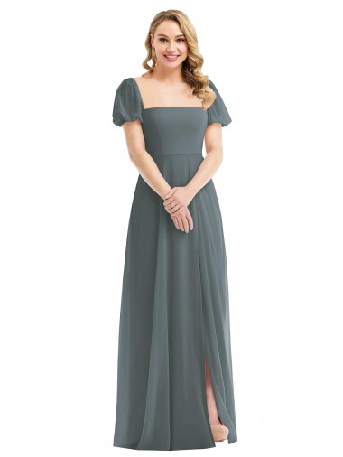 Chiffon Decote Quadrado Mangas Bufantes Comprimento Chão Vestidos de Madrinha Baratos