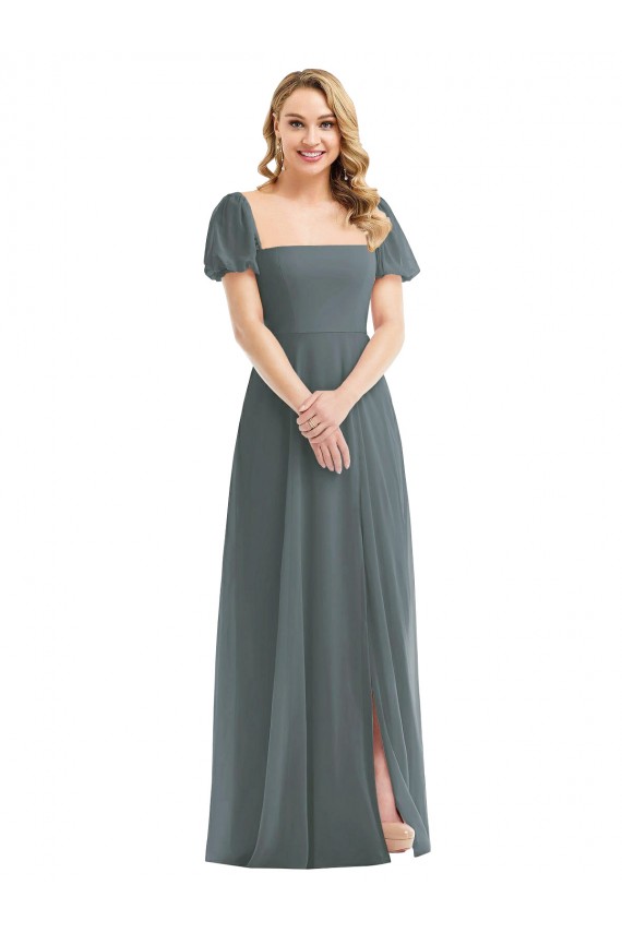 Chiffon Decote Quadrado Mangas Bufantes Comprimento Chão Vestidos de Madrinha Baratos