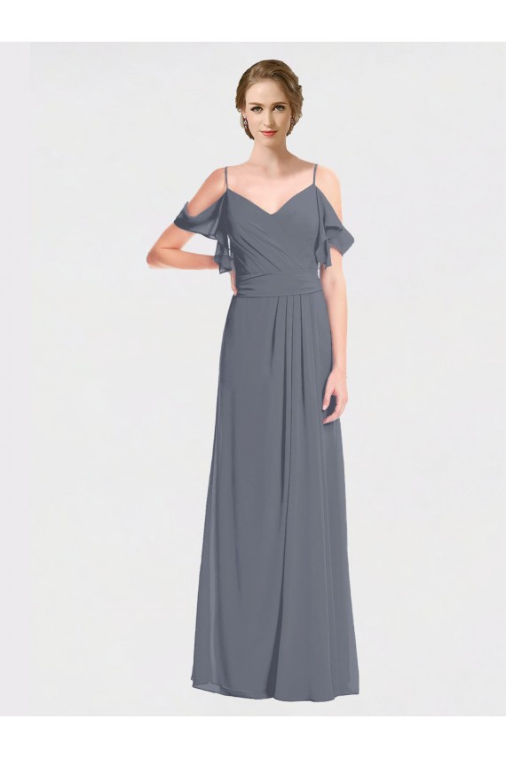 Chiffon Fora do Ombro Mangas Esvoaçantes Costas em V Comprimento Chão Linha A Vestidos de Madrinha Baratos