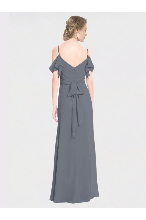 Chiffon Fora do Ombro Mangas Esvoaçantes Costas em V Comprimento Chão Linha A Vestidos de Madrinha Baratos