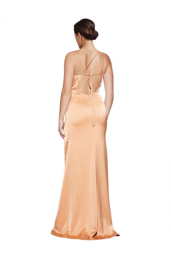 Cetim Elástico Um Ombro Sem Mangas Criss Cruz Comprimento Chão Vestidos de Madrinha / Vestidos de Noite / Vestidos de Festa Baratos