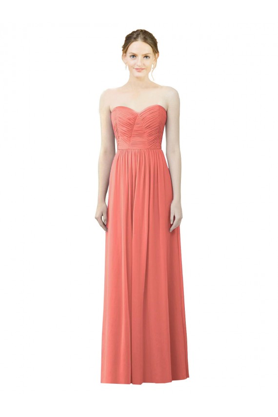 Chiffon Amor Sem Mangas Comprimento Chão Coral Linha A Vestidos de Madrinha Baratos