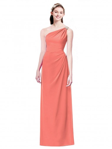 Chiffon Um Ombro Sem Mangas Comprimento Chão Coral Linha A Vestidos de Madrinha Baratos
