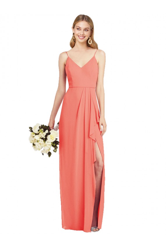 Chiffon Alças finas Sem Mangas Comprimento Chão Coral Trombeta Vestidos de Madrinha Baratos