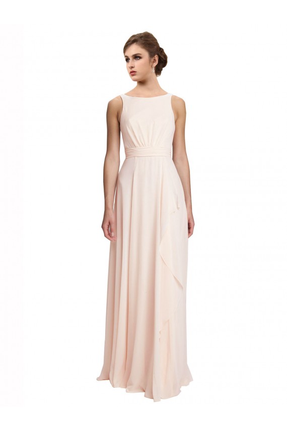 Chiffon Barco Sem Mangas Costas em V Comprimento Chão Vestidos de Madrinha Baratos