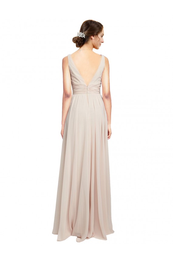 Chiffon Decote V Sem Mangas Comprimento Chão Creme Rosa Linha A Vestidos de Madrinha Baratos