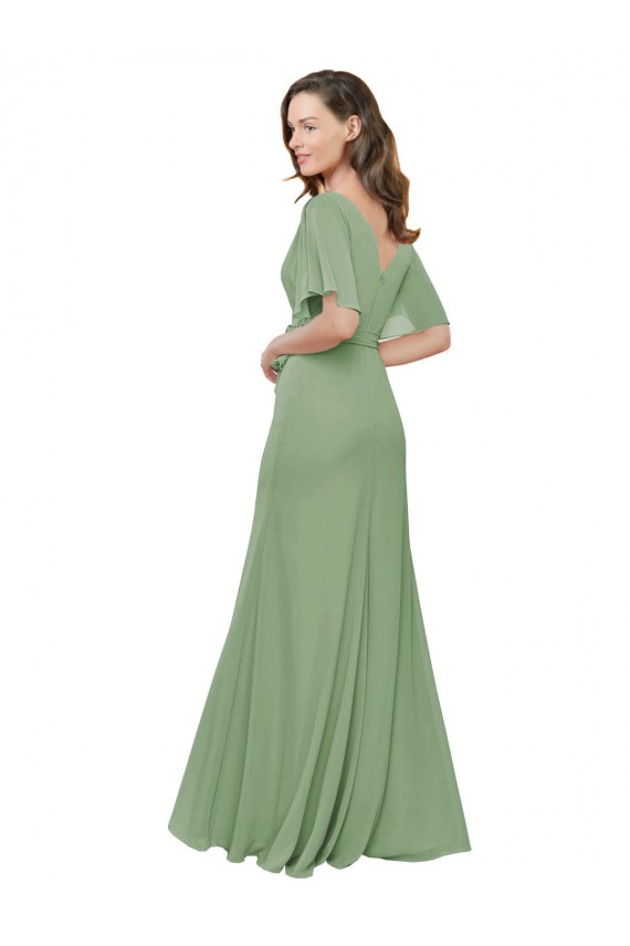 Chiffon Decote V Mangas Esvoaçantes, Mangas Curtas Comprimento Chão Linha A Vestidos de Madrinha Baratos