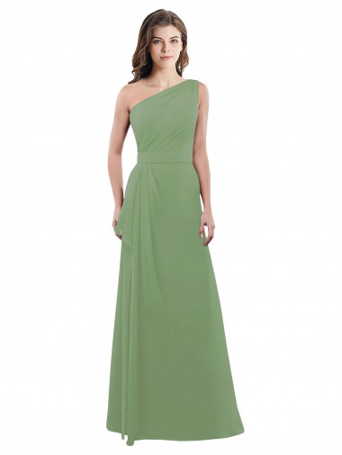 Chiffon Um Ombro Sem Mangas Comprimento Chão Ervas Marinhas Linha A Vestidos de Madrinha Baratos