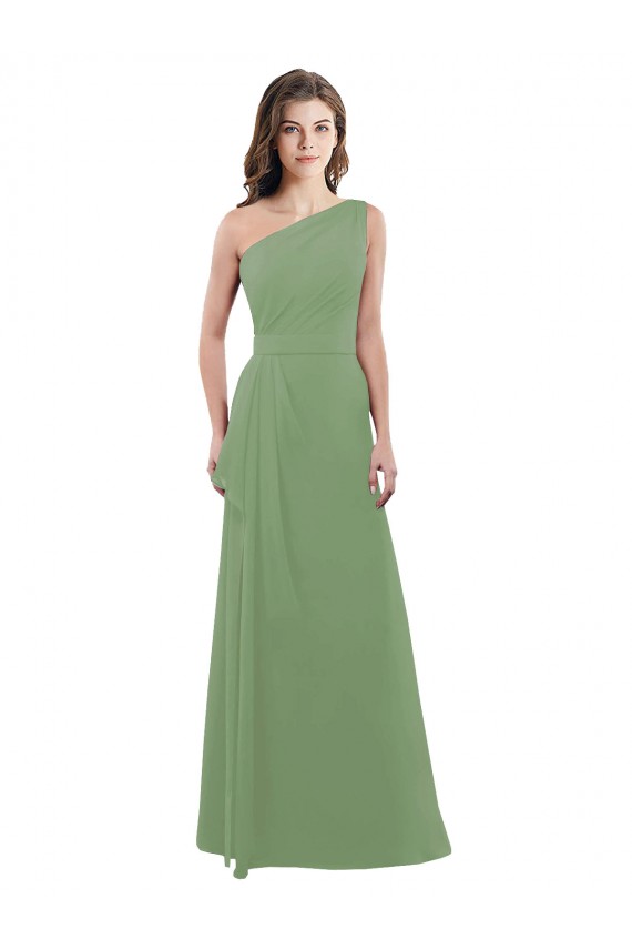 Chiffon Um Ombro Sem Mangas Comprimento Chão Ervas Marinhas Linha A Vestidos de Madrinha Baratos