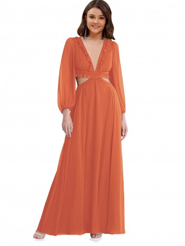 Chiffon Decote V Mangas Compridas, Mangas Bispo Abrir de volta Comprimento Chão Alto Baixo, Vestidos de Madrinha Baratos