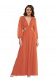 Chiffon Decote V Mangas Compridas, Mangas Bispo Abrir de volta Comprimento Chão Alto Baixo, Vestidos de Madrinha Baratos
